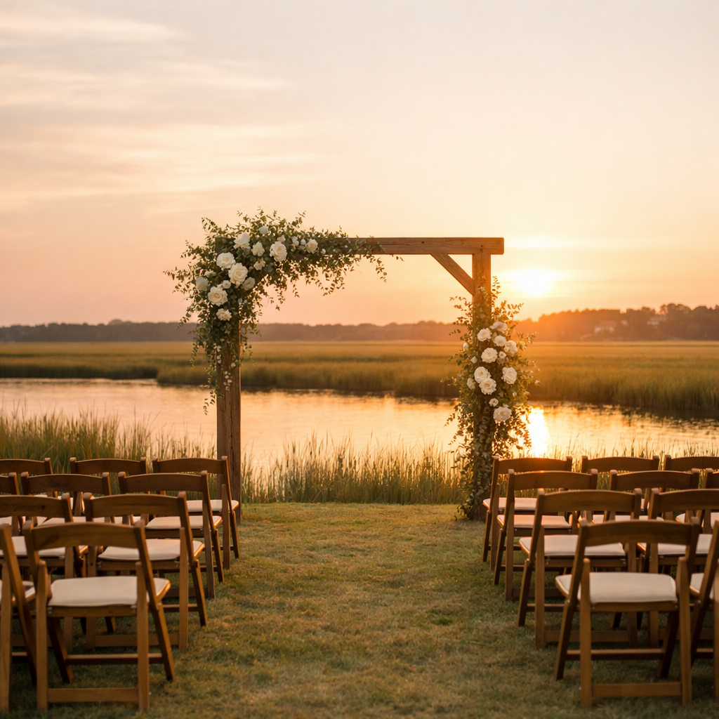 Wedding arch decorated with white florals and foliage, sunset in background over marsh, low country wedding setup