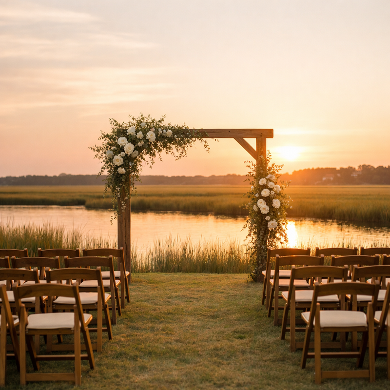 Wedding arch decorated with white florals and foliage, sunset in background over marsh, low country wedding setup