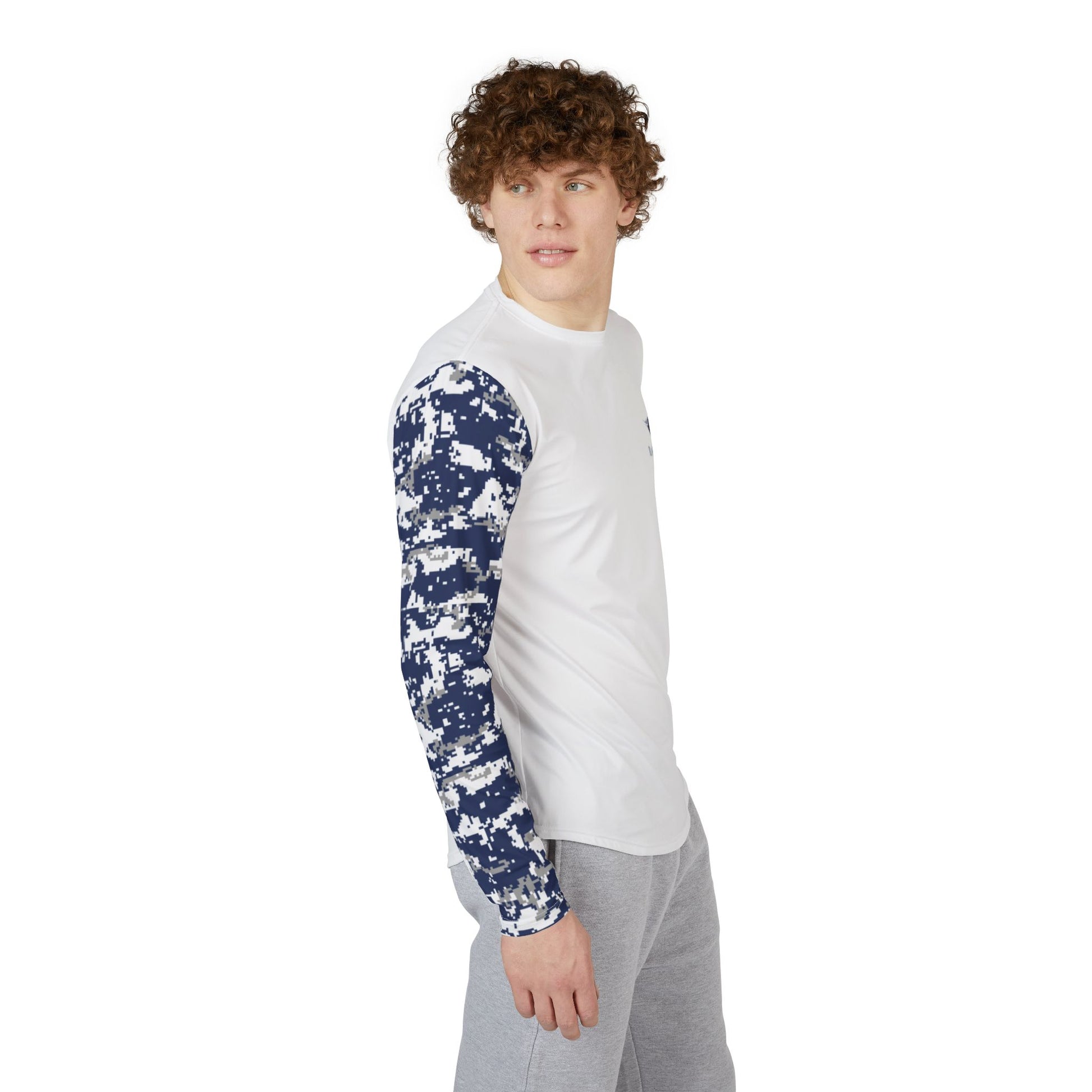 Young man wearing southern, coastal White long sleeve performance top with blue and white digital camo sleeve