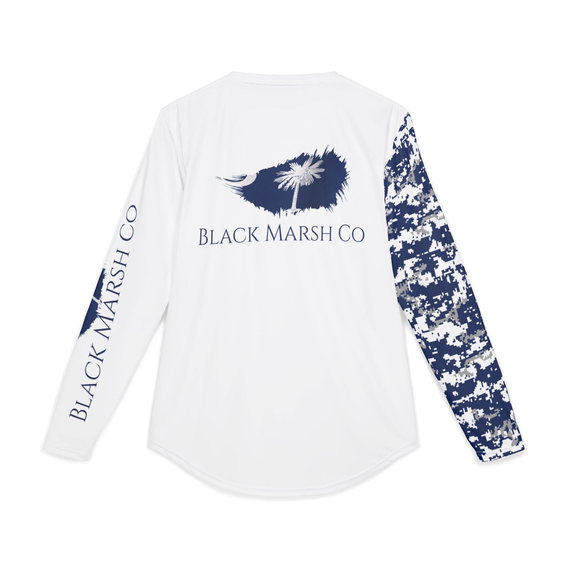 Southern, coastal White long sleeve performance top with blue South Carolina state emblem on back and blue and white digital camo sleeve