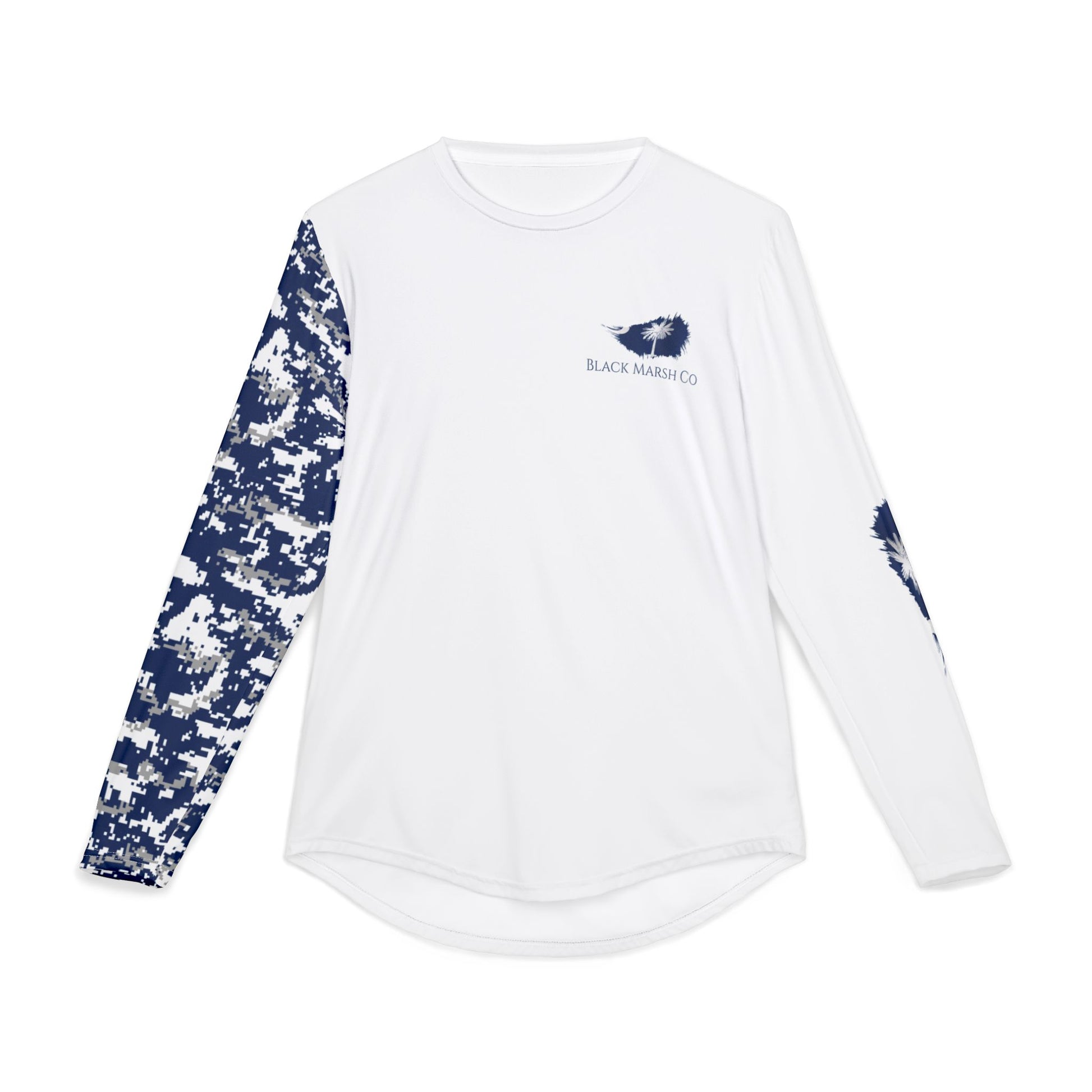 Southern, coastal White long sleeve performance top with blue South Carolina state emblem on front right breast pocket and blue and white digital camo sleeve