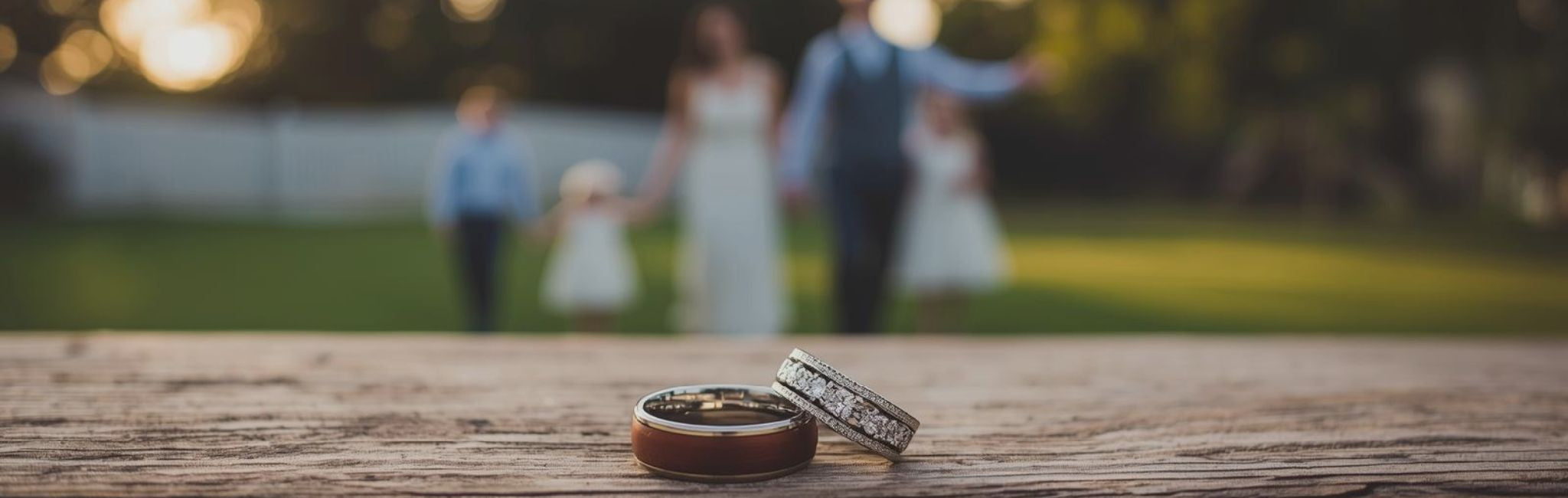 Pair of wedding bands on a farmhouse table with family in the background