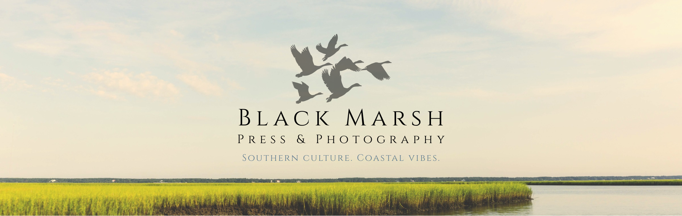 Black Marsh Press & Photography website banner with flying ducks centered above text and "Southern culture. Coastal vibes." centered below