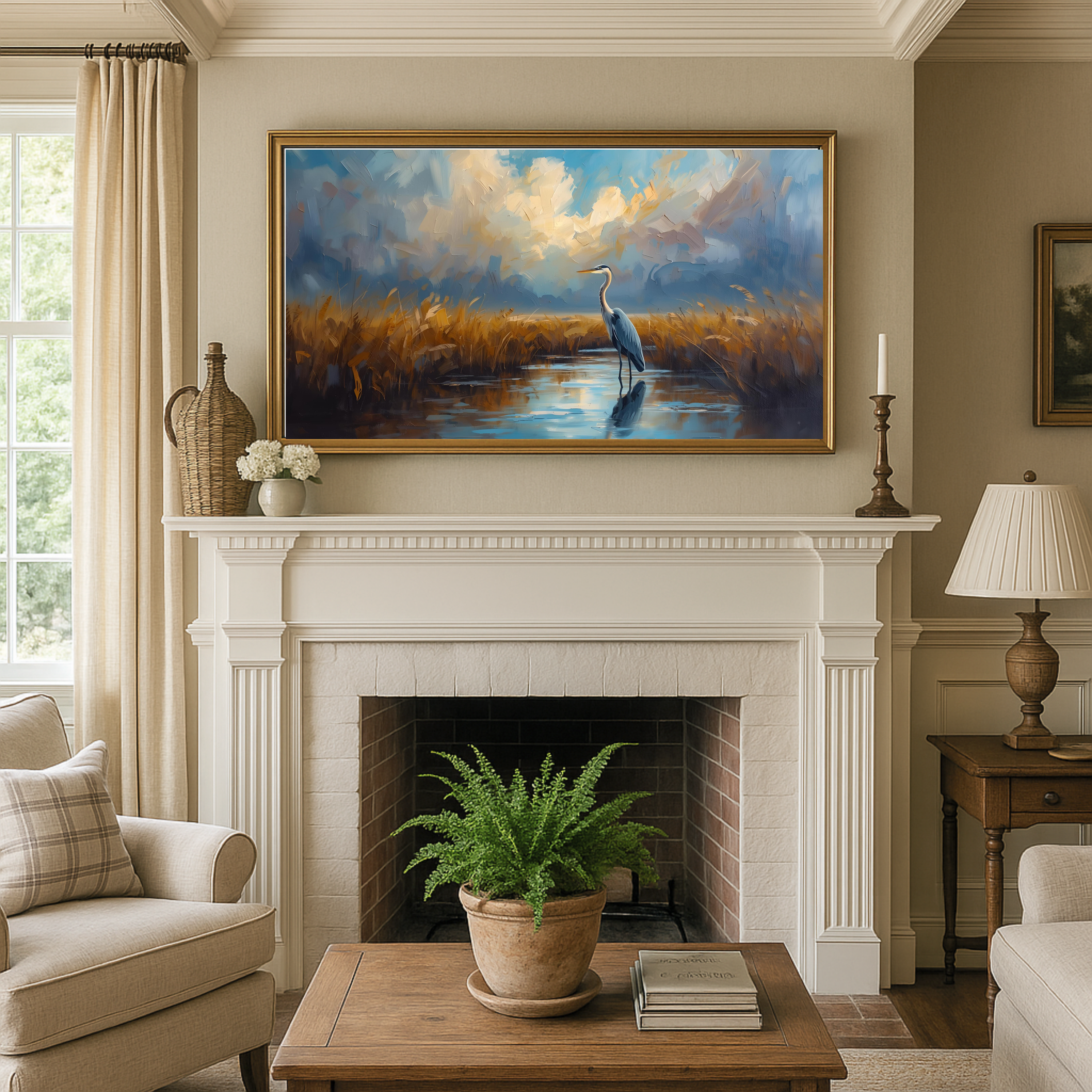 Oil painting of blue heron in the marsh hung above fire mantel in living room